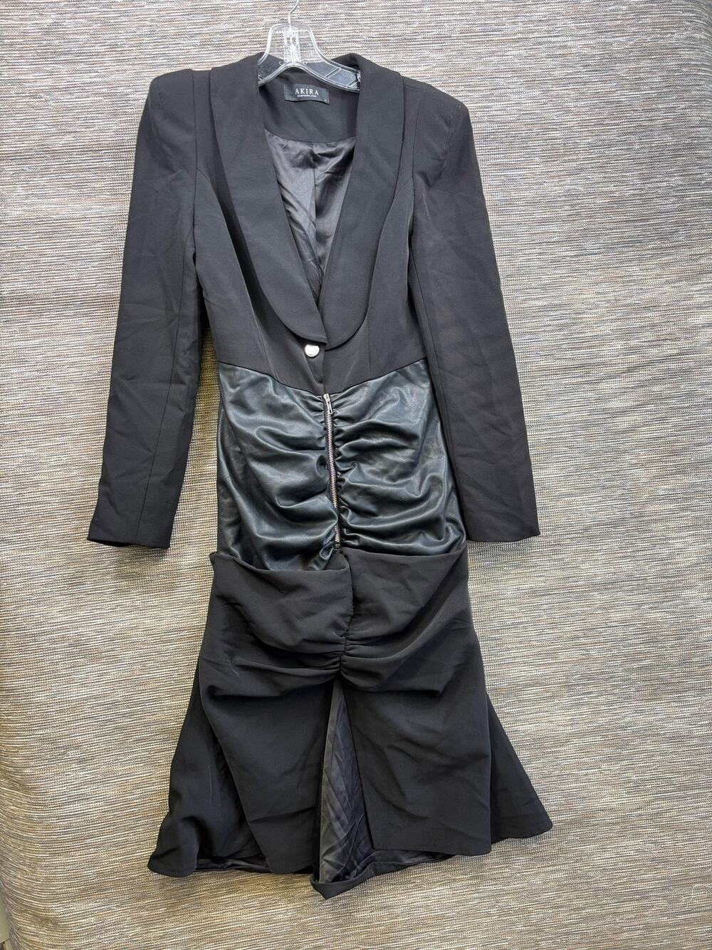 Akira Dress Womens S Black Faux Leather Ruched Jacket Bodycon Midi Zip Formal